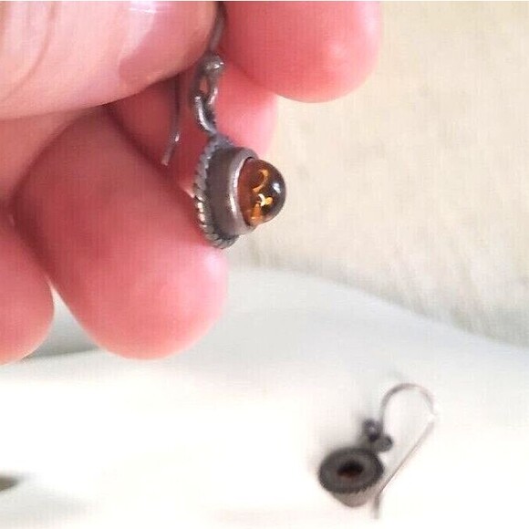 Amber Sterling 925 Silver Earrings Small Circle Drop Jewelry - Picture 2 of 6